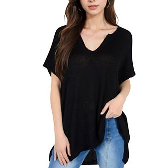 Women's V-Neck Knit Top with Short Sleeves and Relaxed Fit