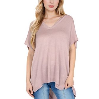 Women's V-Neck Knit Top with Short Sleeves and Relaxed Fit