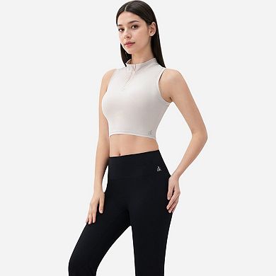 Women's Zip-Up Mock Neck Crop Top with Sleeveless Design