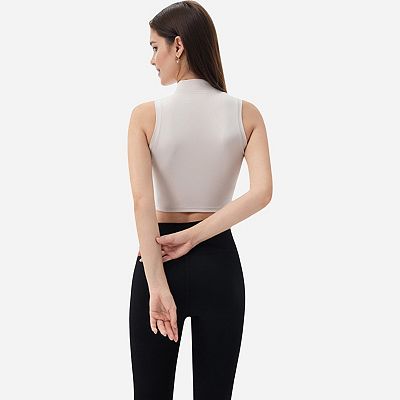 Women's Zip-Up Mock Neck Crop Top with Sleeveless Design