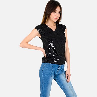 Women's Sequin V-Neck Top with Cap Sleeves and Relaxed Fit