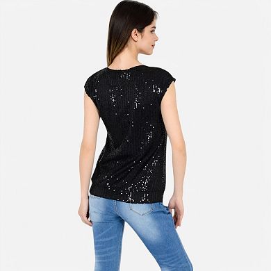 Women's Sequin V-Neck Top with Cap Sleeves and Relaxed Fit