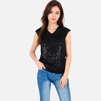 Women's Sequin V-Neck Top with Cap Sleeves and Relaxed Fit