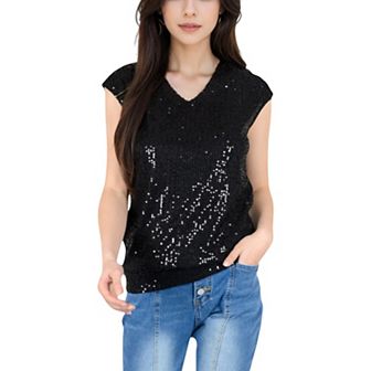 Women's Sequin V-Neck Top with Cap Sleeves and Relaxed Fit