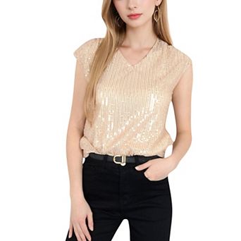 Women's Sequin V-Neck Top with Cap Sleeves and Relaxed Fit