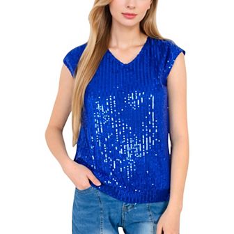 Women's Sequin V-Neck Top with Cap Sleeves and Relaxed Fit