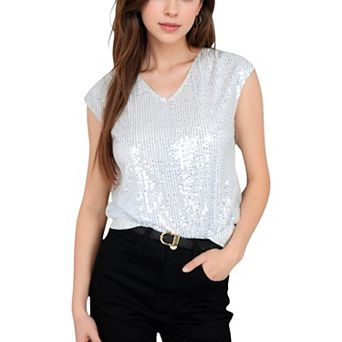 Women's Sequin V-Neck Top with Cap Sleeves and Relaxed Fit