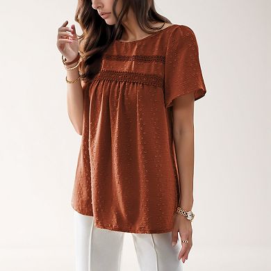 Women's Lace Yoke Short Sleeve Blouse with Pleated Front