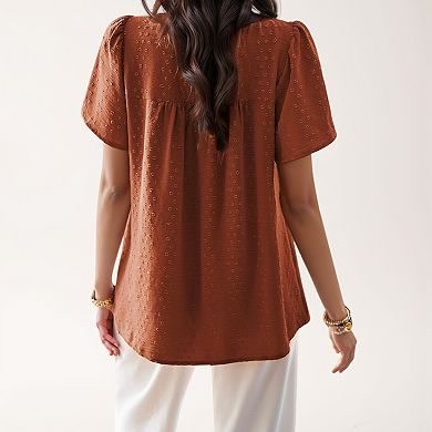 Women's Lace Yoke Short Sleeve Blouse with Pleated Front