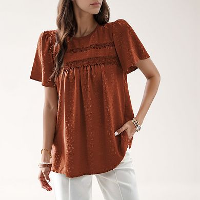 Women's Lace Yoke Short Sleeve Blouse with Pleated Front
