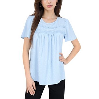 Women's Lace Yoke Short Sleeve Blouse with Pleated Front
