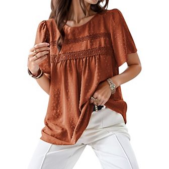 Women's Lace Yoke Short Sleeve Blouse with Pleated Front