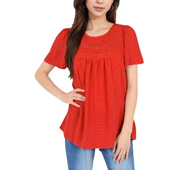 Women's Lace Yoke Short Sleeve Blouse with Pleated Front