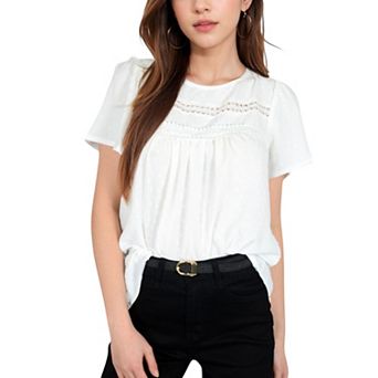 Women's Lace Yoke Short Sleeve Blouse with Pleated Front