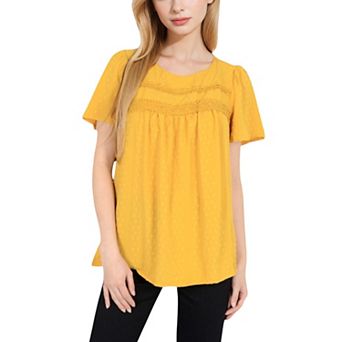 Women's Lace Yoke Short Sleeve Blouse with Pleated Front