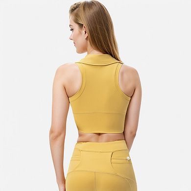 Women's Sleeveless Collared Crop Top with V-Neckline