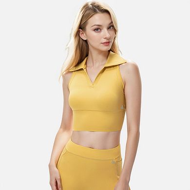 Women's Sleeveless Collared Crop Top with V-Neckline