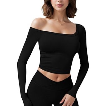 Women's One Shoulder Long Sleeve Crop Top with Thumb Holes