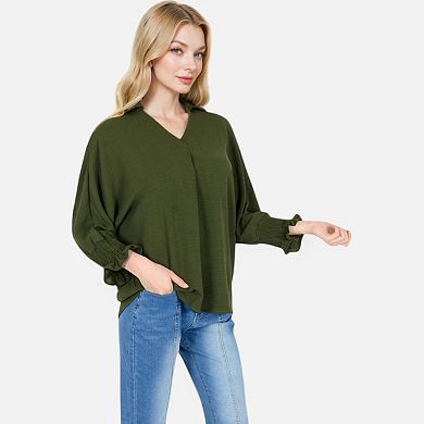Women's V-Neck Blouse with 3/4 Lantern Sleeves and Ruffle Cuffs