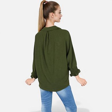 Women's V-Neck Blouse with 3/4 Lantern Sleeves and Ruffle Cuffs