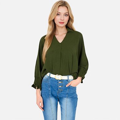 Women's V-Neck Blouse with 3/4 Lantern Sleeves and Ruffle Cuffs