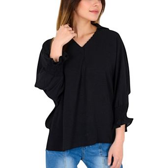 Women's V-Neck Blouse with 3/4 Lantern Sleeves and Ruffle Cuffs