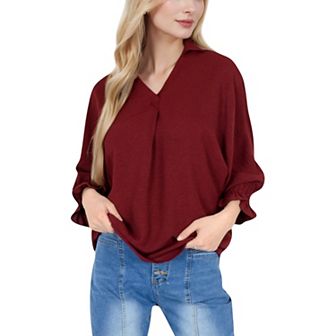 Women's V-Neck Blouse with 3/4 Lantern Sleeves and Ruffle Cuffs