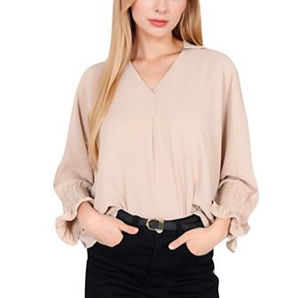Women's V-Neck Blouse with 3/4 Lantern Sleeves and Ruffle Cuffs