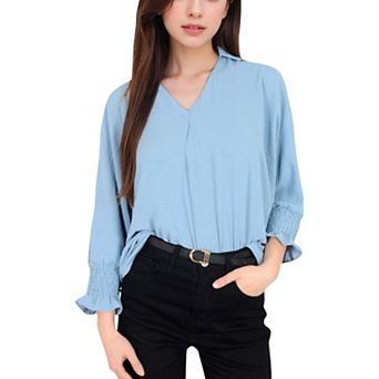 Women's V-Neck Blouse with 3/4 Lantern Sleeves and Ruffle Cuffs