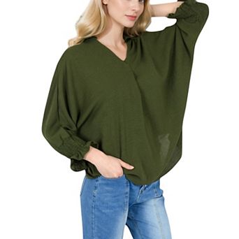 Women's V-Neck Blouse with 3/4 Lantern Sleeves and Ruffle Cuffs