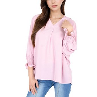 Women's V-Neck Blouse with 3/4 Lantern Sleeves and Ruffle Cuffs