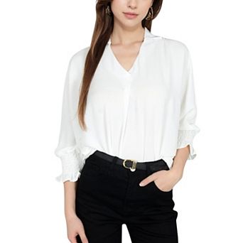 Women's V-Neck Blouse with 3/4 Lantern Sleeves and Ruffle Cuffs