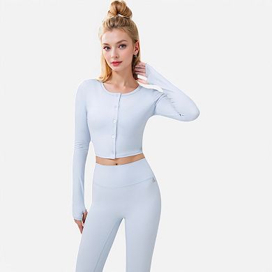 Women's Cropped Button-Front Long Sleeve Top with Thumbholes