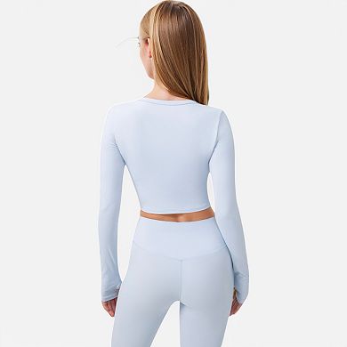 Women's Cropped Button-Front Long Sleeve Top with Thumbholes