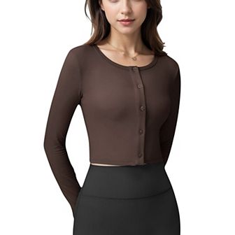 Women's Cropped Button-Front Long Sleeve Top with Thumbholes