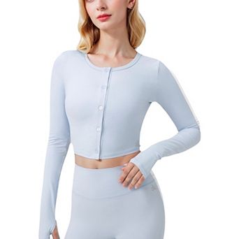 Women's Cropped Button-Front Long Sleeve Top with Thumbholes