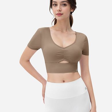 Women's Ruched Cutout Crop Top with Short Sleeves