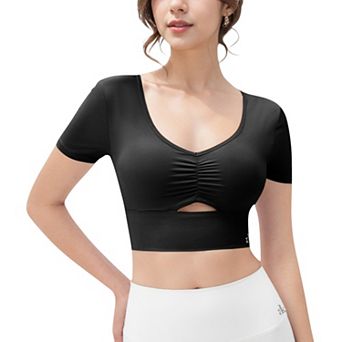 Women's Ruched Cutout Crop Top with Short Sleeves