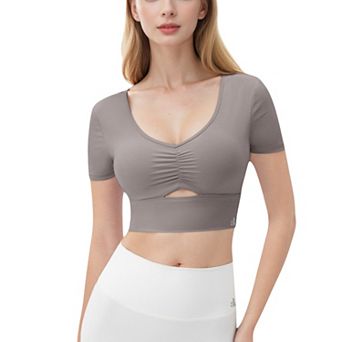 Women's Ruched Cutout Crop Top with Short Sleeves