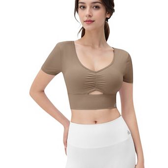 Women's Ruched Cutout Crop Top with Short Sleeves