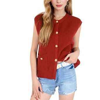 Women's Sleeveless Knit Cardigan Vest with Button Front and Pocket Detail