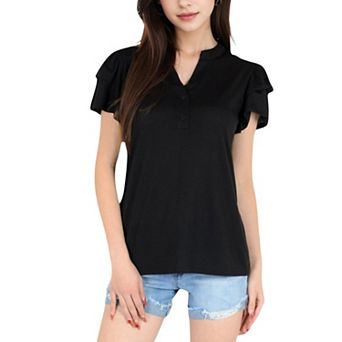 Women's Ruffle Sleeve Henley Top with Button Front Detail