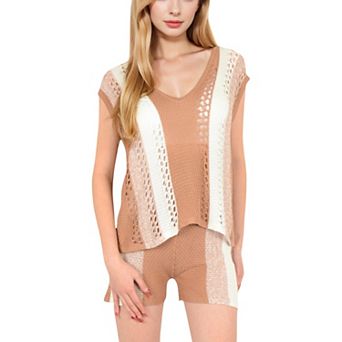 Women's Crochet Knit Two-Piece Set with Striped Top and Shorts