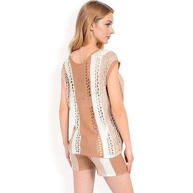 Women's Crochet Knit Two-Piece Set with Striped Top and Shorts
