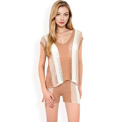 Women's Crochet Knit Two-Piece Set with Striped Top and Shorts