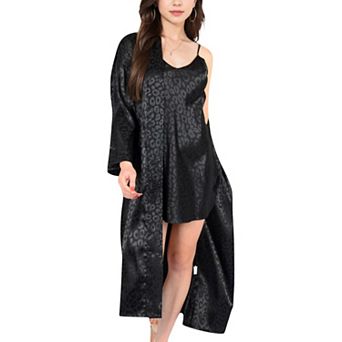 Women's Satin Long Robe with Subtle Leopard Jacquard Pattern and Tie Waist