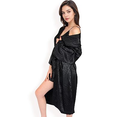 Women's Satin Long Robe with Subtle Leopard Jacquard Pattern and Tie Waist