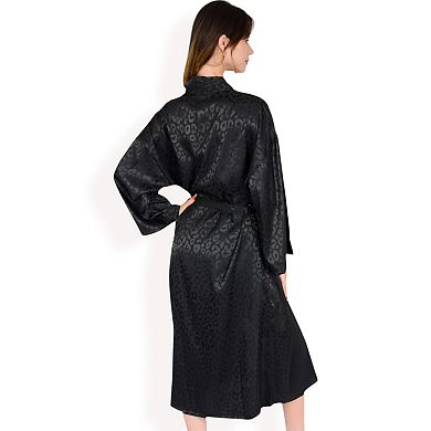 Women's Satin Long Robe with Subtle Leopard Jacquard Pattern and Tie Waist