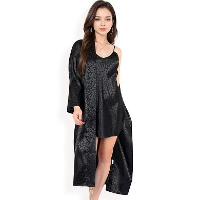 Women's Satin Long Robe with Subtle Leopard Jacquard Pattern and Tie Waist
