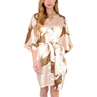 Women's Satin Robe with Leopard Print and Tie Waist